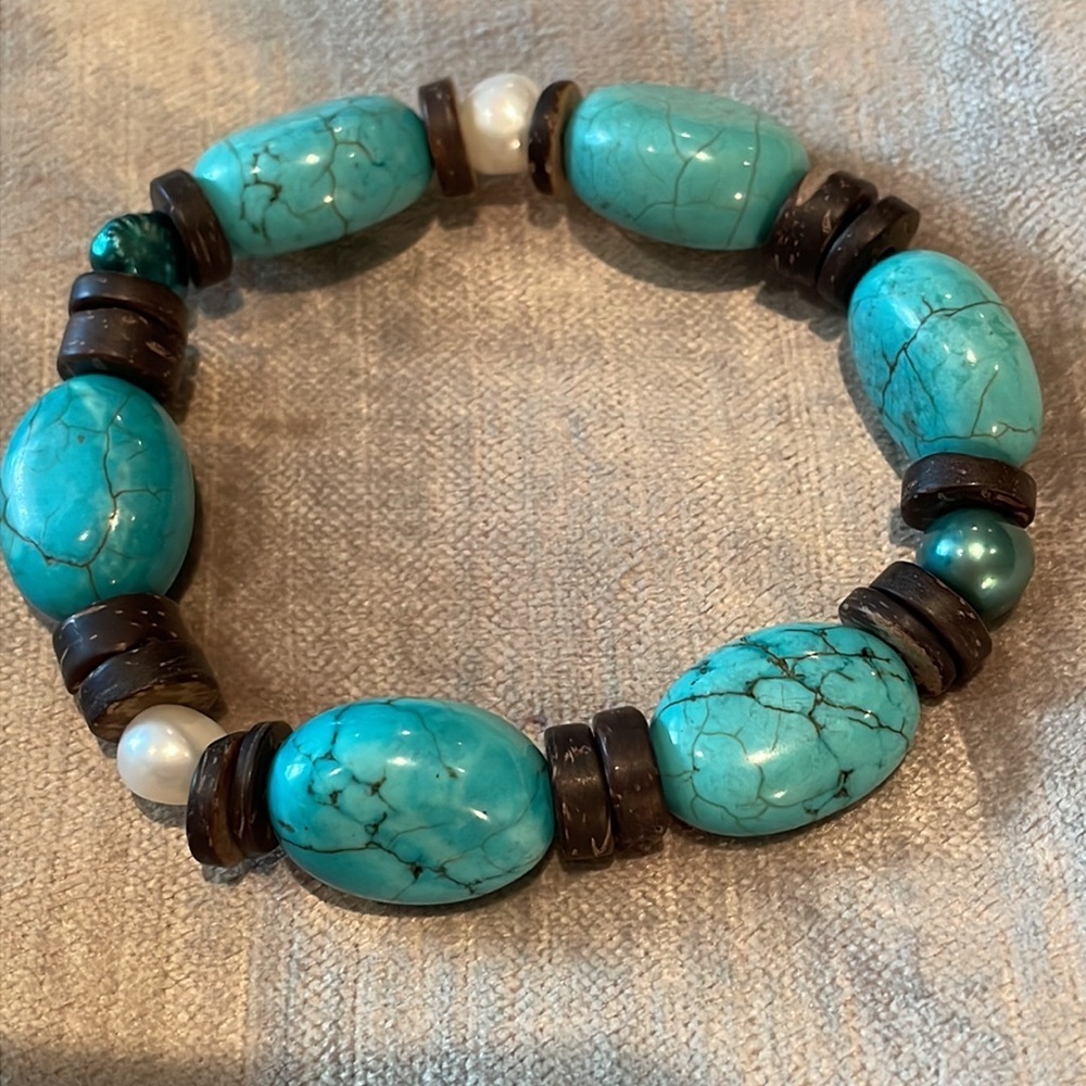 Turquoise & Fresh Water Pearl Stretch Bracelet